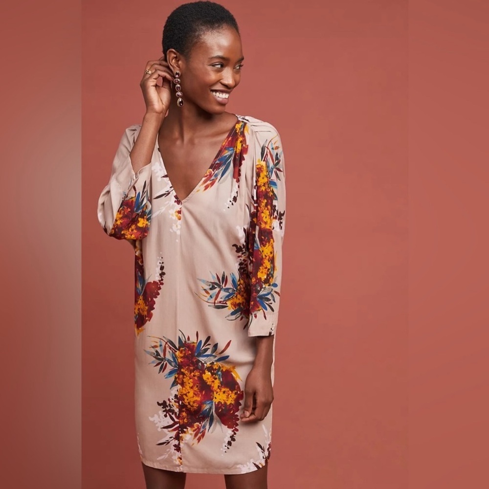 The Odells at Anthropologie Tunic Shift Dress Women S Pockets Floral 3/4 Sleeve